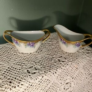 Limoges France Hand Painted Elite Gold Floral Cream And Sugar Antique